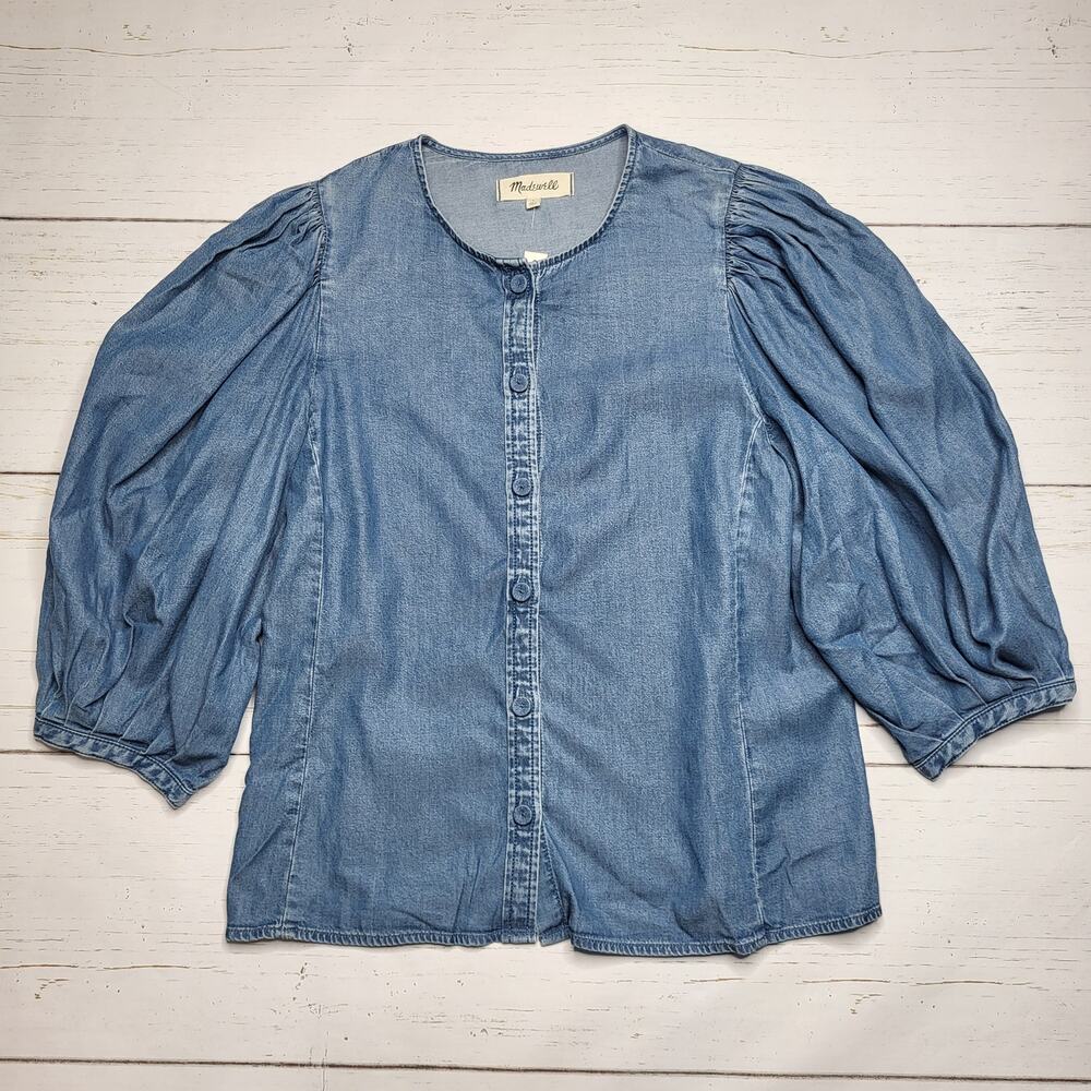 Madewell Denim Jean Puff Sleeve Button Up Top Lightweight Western Small 4 - Picture 3 of 10
